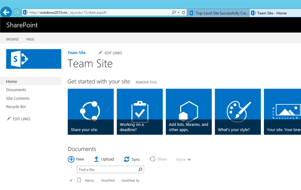 SharePoint 2016 Team site home page.