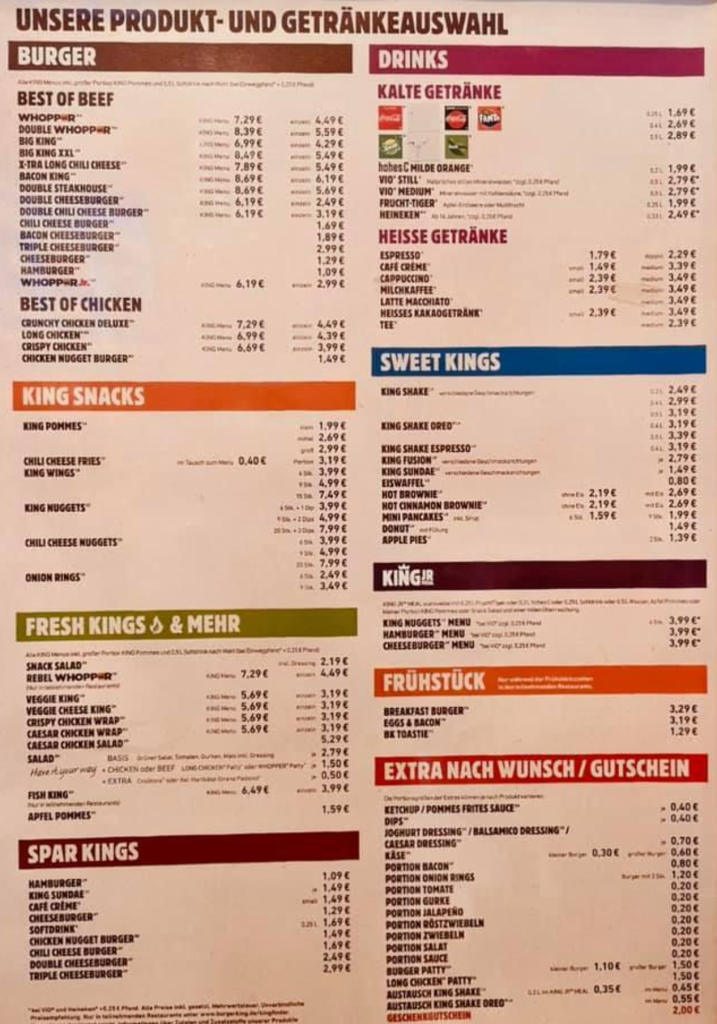 Burger King menu