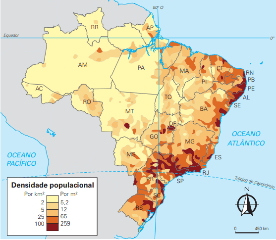 Mapa do Brasil com sua densidade populacional.