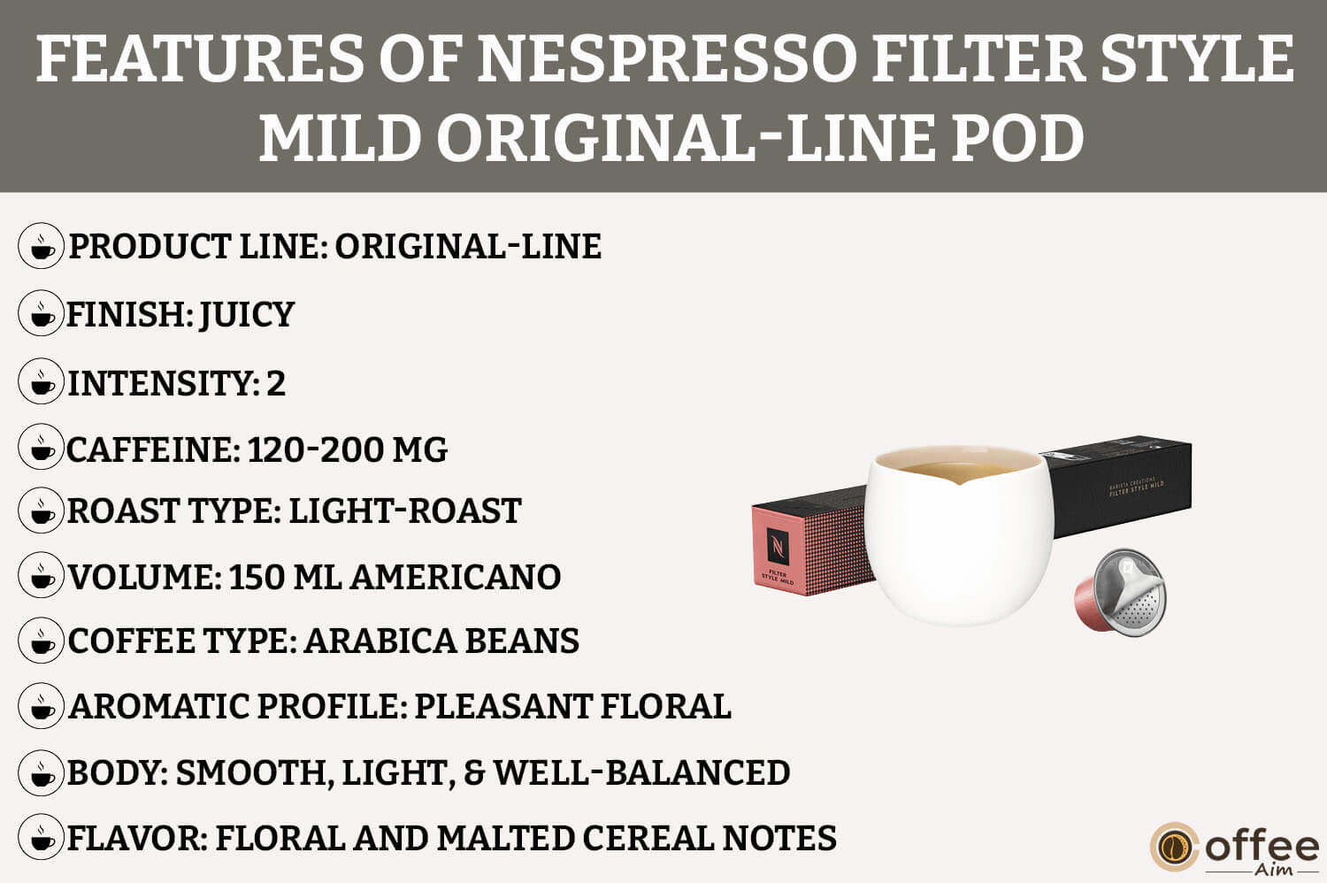 This image illustrates the key features of the Filter Style Mild Nespresso OriginalLine Pod, providing insights for our review.