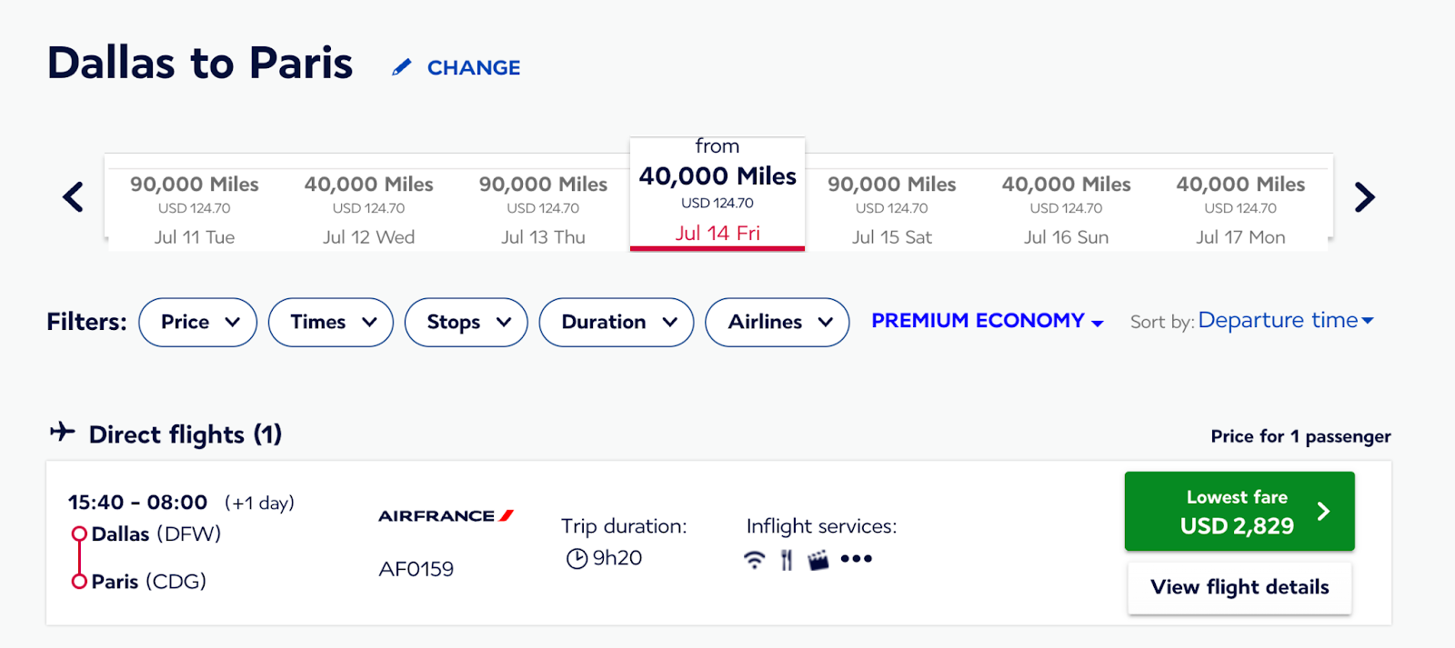 This image shows the dollar cost of an Air France flight from DFW to CDG.