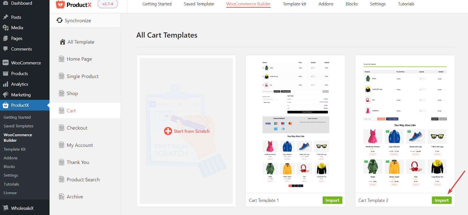 Import cart page design from ProductX WooCommerce Builder