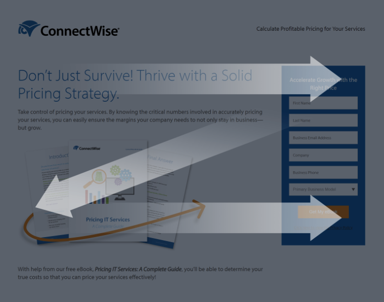 connectwise uses the z-patter to optimize post-click experience. images and text on the left, with a signup gate on the right.