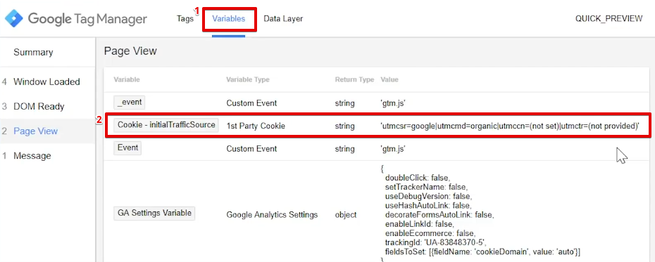 Verifying the initialTrafficSource cookie information from the variable section of Google Tag Manager extension on the website