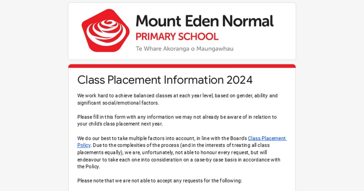 Class Placement Information 2024