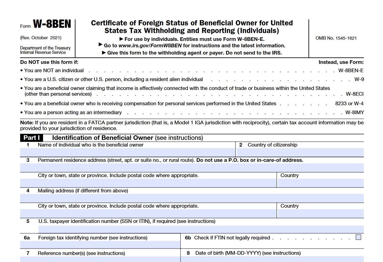 IRS Form W-8BEN sample