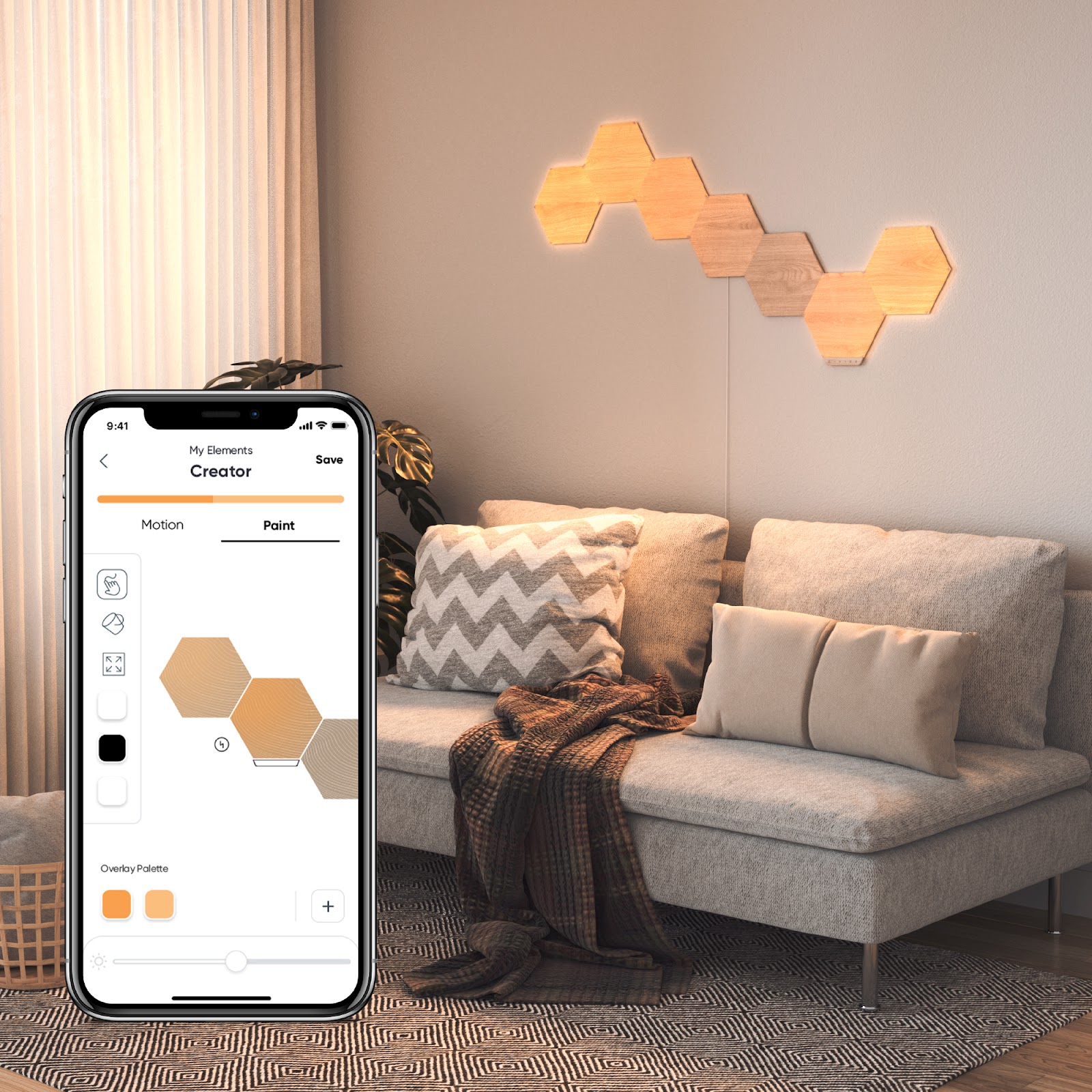 Nanoleaf Elements in a living room with the Nanoleaf mobile app