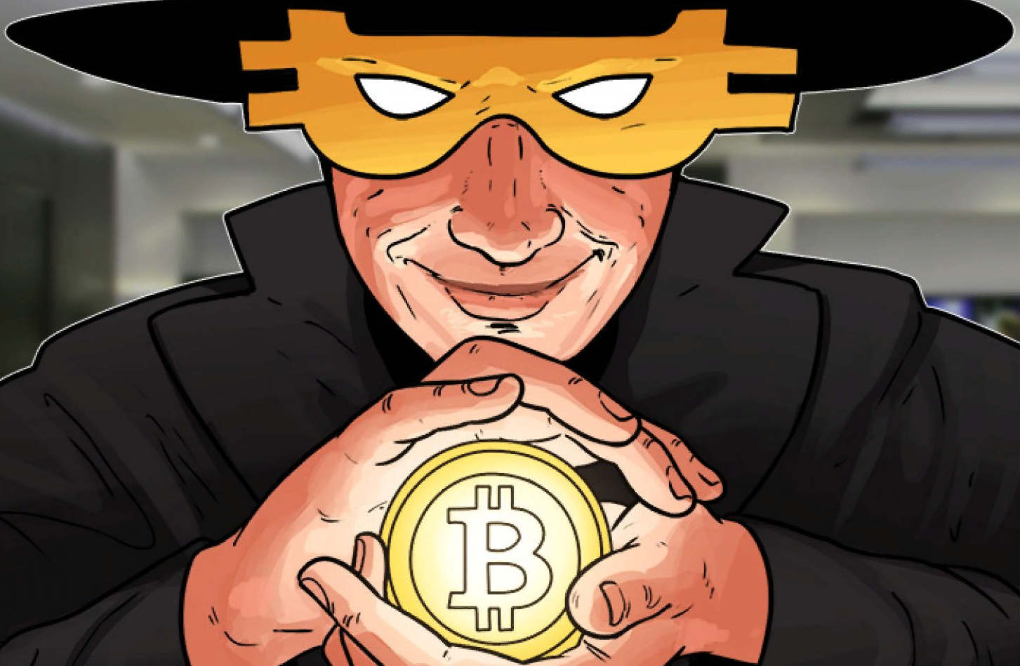 Криптоинтузиаст в маске держит Bitcoin