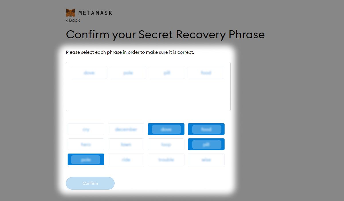 Confirm Recovery Phrase Zelta