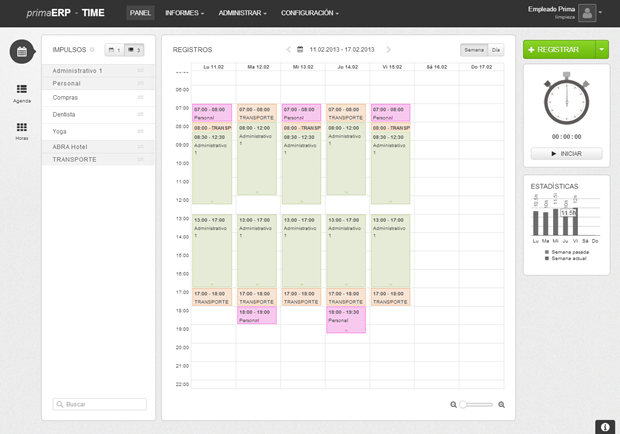 Panel del calendario en primaERP TIME TRACKING