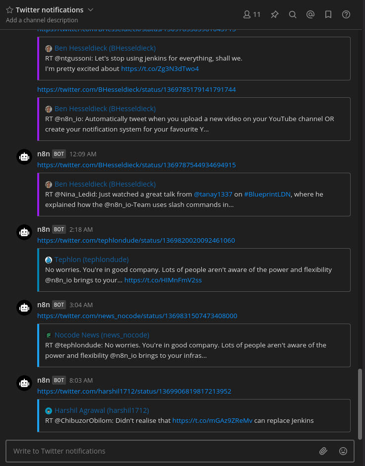 A Mattermost chat window with snippets of tweets posted by the n8n bot.