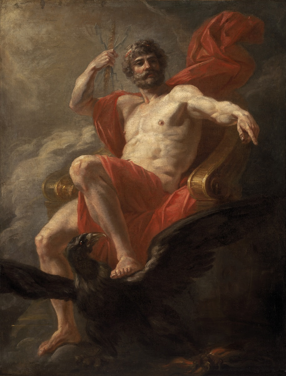 Jupiter Enthroned is painted by Heinrich Friedrich Fuger. The painting is of Jupiter, sitting on his golden throne in the sky, utilizing a blackbird as a footrest. He is grasping a golden staff and donning a crimson robe that scarcely conceals his form.