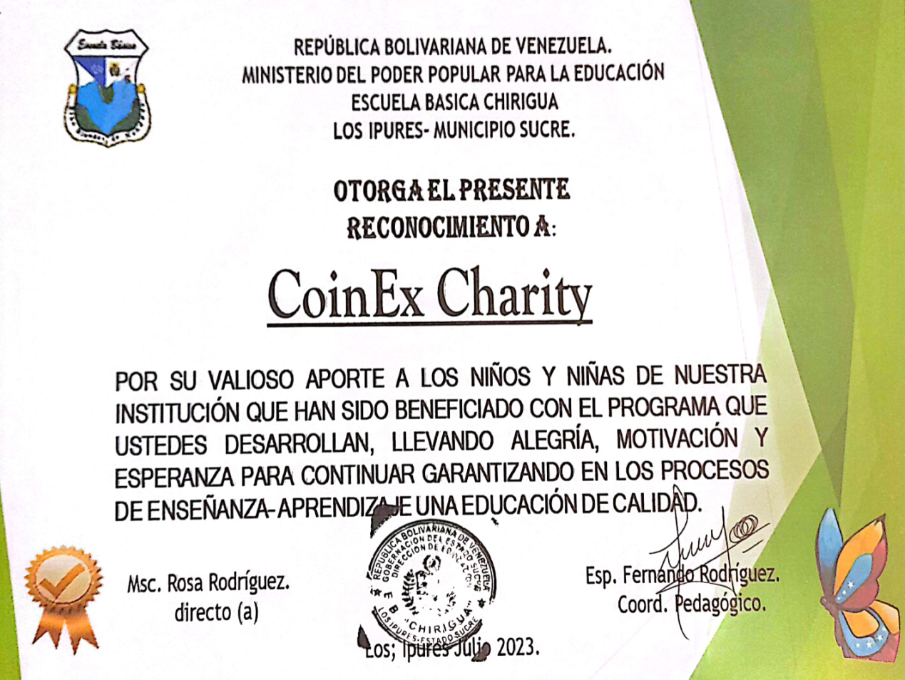 Surat penghargaan dari Sekolah Chirigua di Venezuela