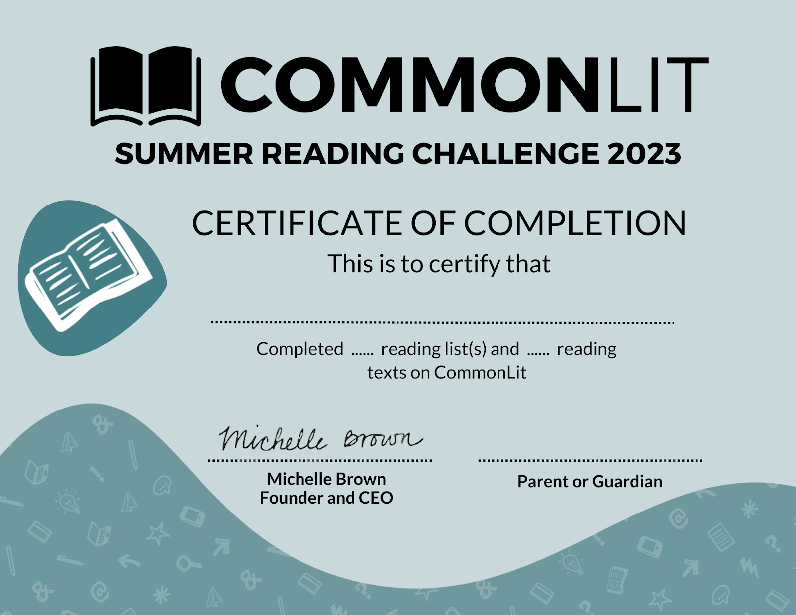 Certificate of Completion for the Summer Reading Challenge 2023