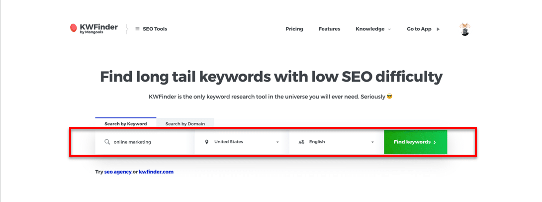 Long Tail Keyword research with KWFinder