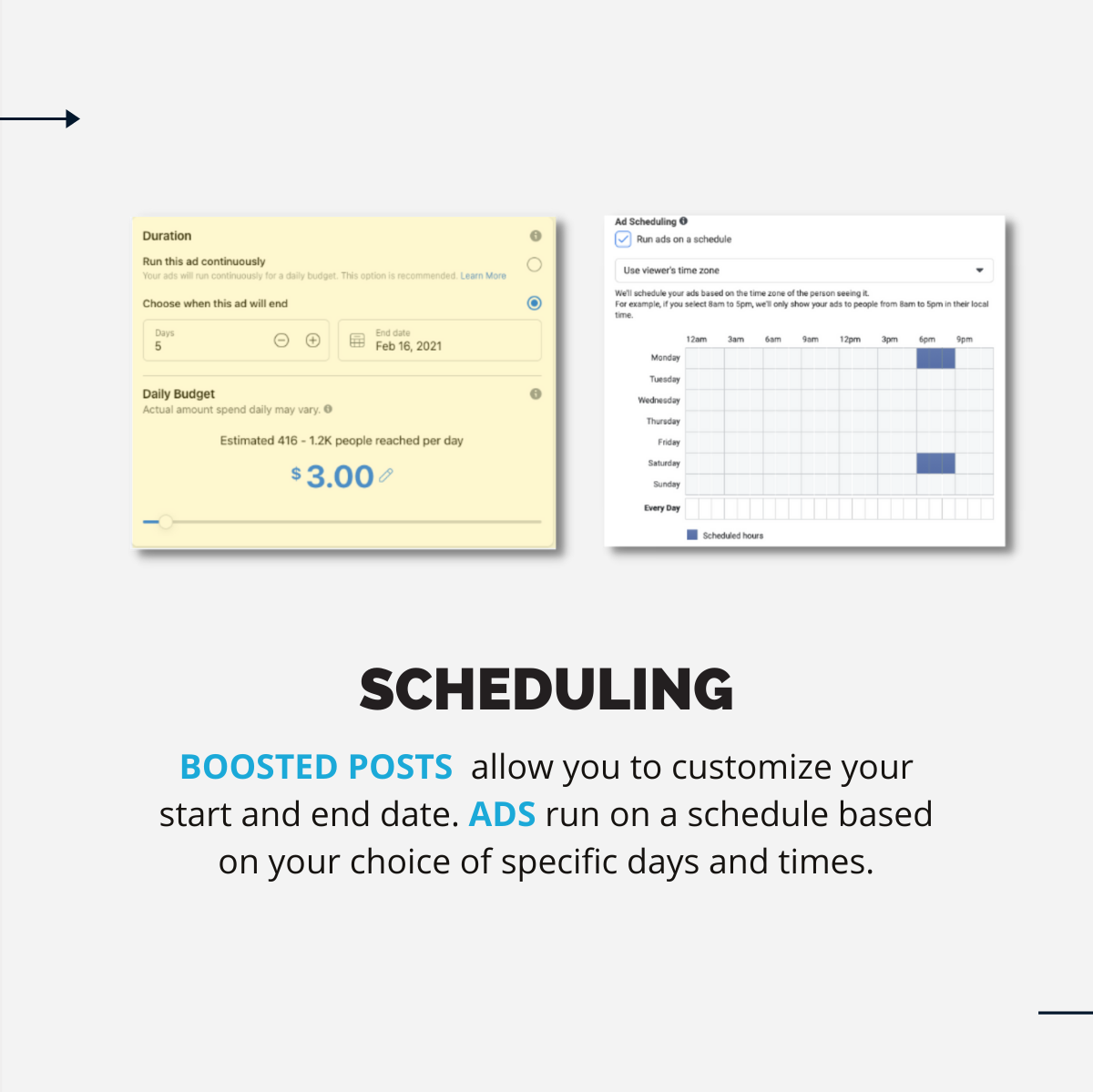 Facebook ads: difference in scheduling for boosted posts and ads description graphic