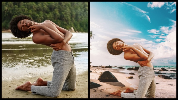 antes e depois da foto de um homem negro sendo que uma foto está com o céu editado