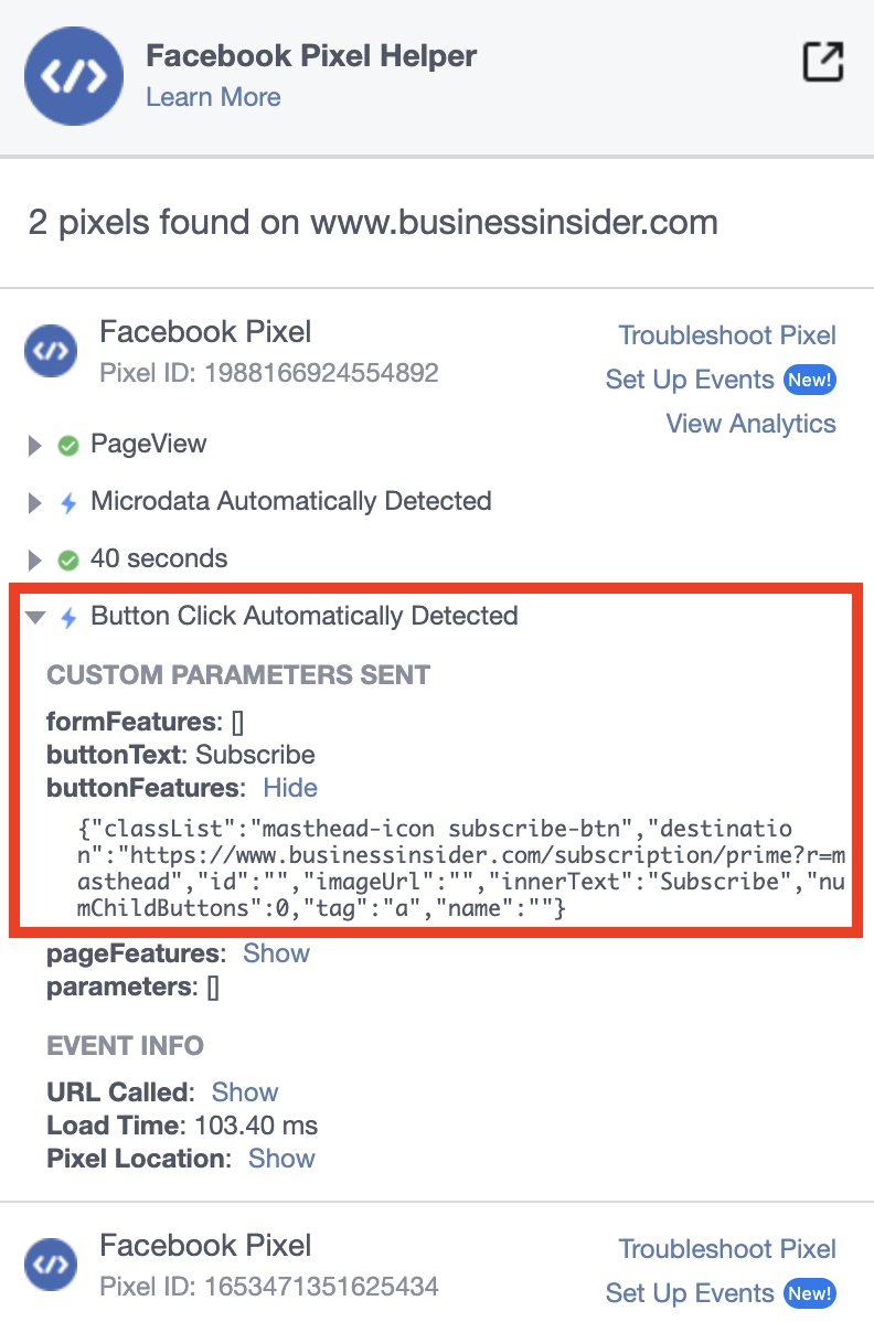 Facebook pixel automatically scanning data