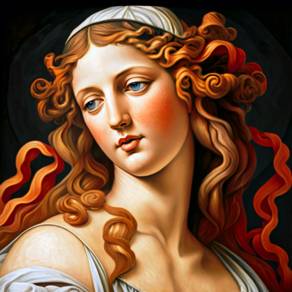 It appears that Aphrodite is looking to the side with her bright blue eyes, and that her hair is a beautiful shade of ginger, as if it has a life of its own.  
