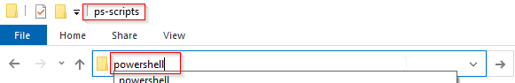 Typing "powershell" into the File Explorer's address bar