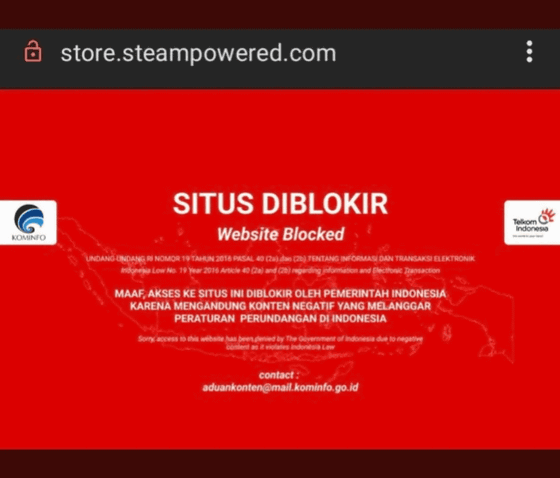 Screenshot of blocked steam website in Indonesia