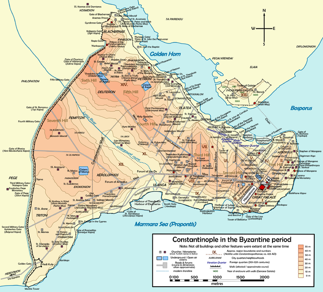 Map of Constantinople featuring its many walls on the north, south, and west, with its eastern end facing the sea.