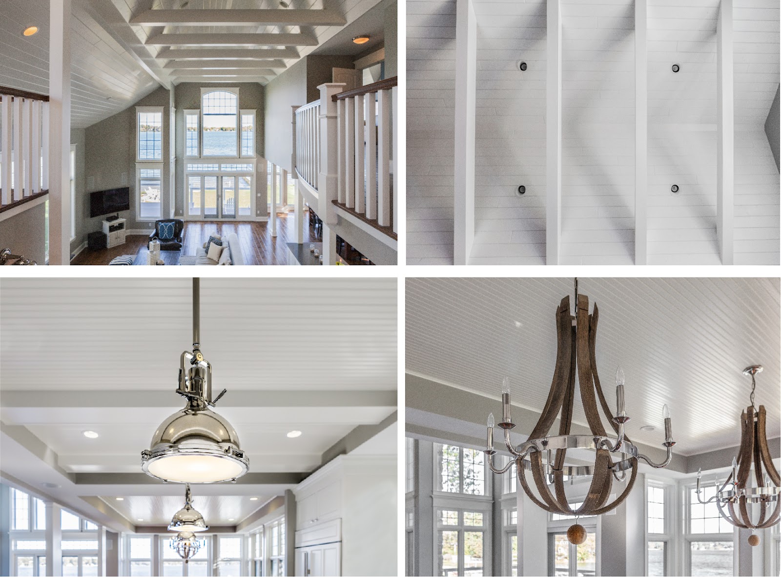 Board & batten, Shiplap, Cross Beam and Unique Lighting fixtures work to make these ceiling designs stand out despite their typical white color.