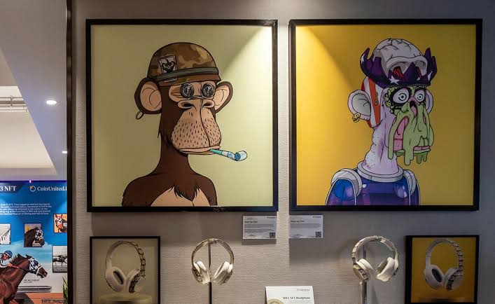 brown and colorful pictures of nft monkeys smoking cigarettes on wall portrait 