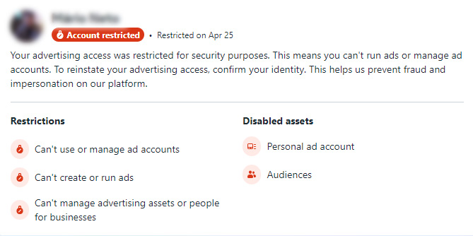 Facebook user account restricted from advertising