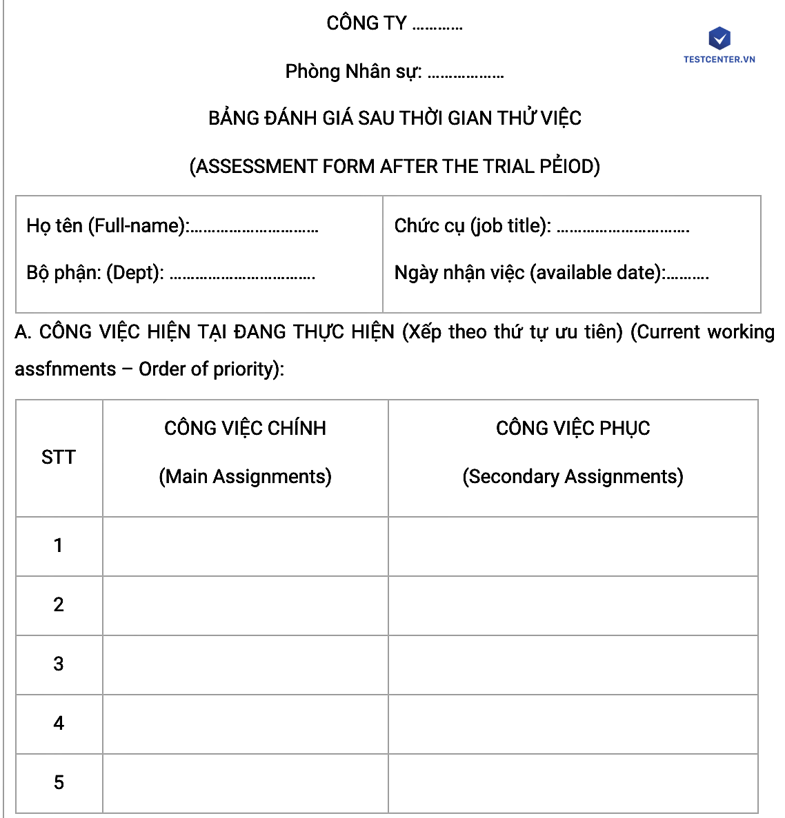 phiếu đánh giá nhân viên thử việc