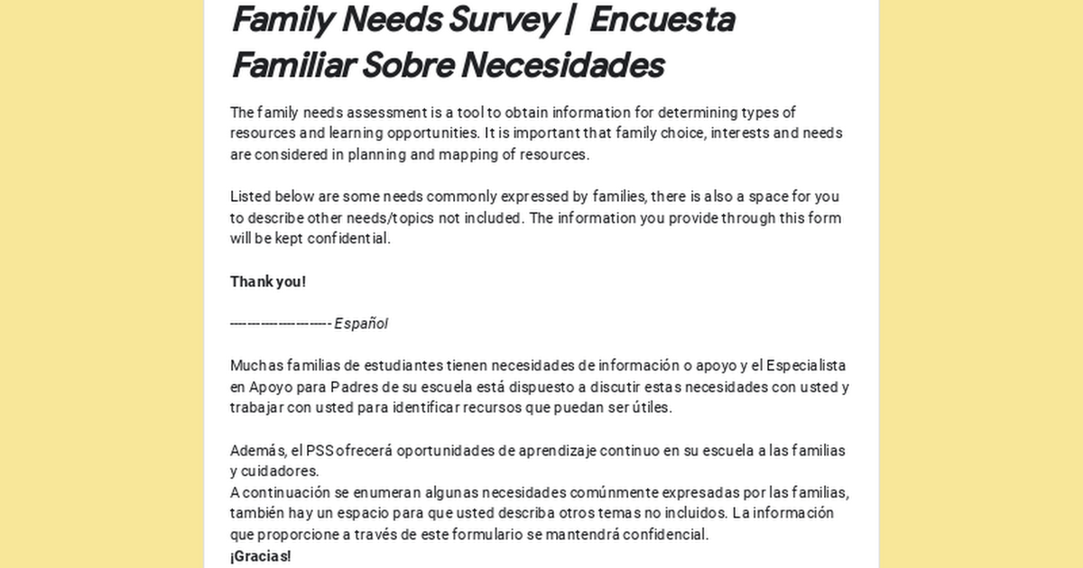 Family Needs Survey | Encuesta Familiar Sobre Necesidades