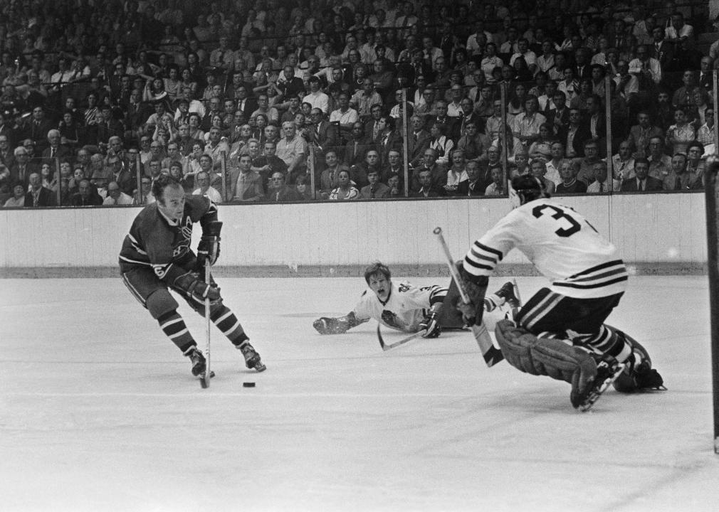 Henri Richard cracks a drive past Chicago Black Hawks' goalie during the Stanley Cup game