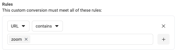 Screenshot of adding "zoom" to the 'URL contains' Rules