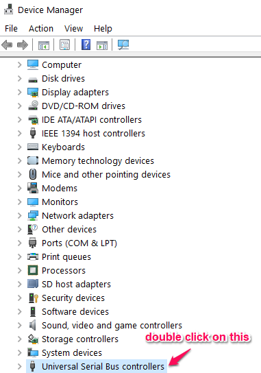 Select “universal serial bus controllers” in the list of options once the device manager is open.