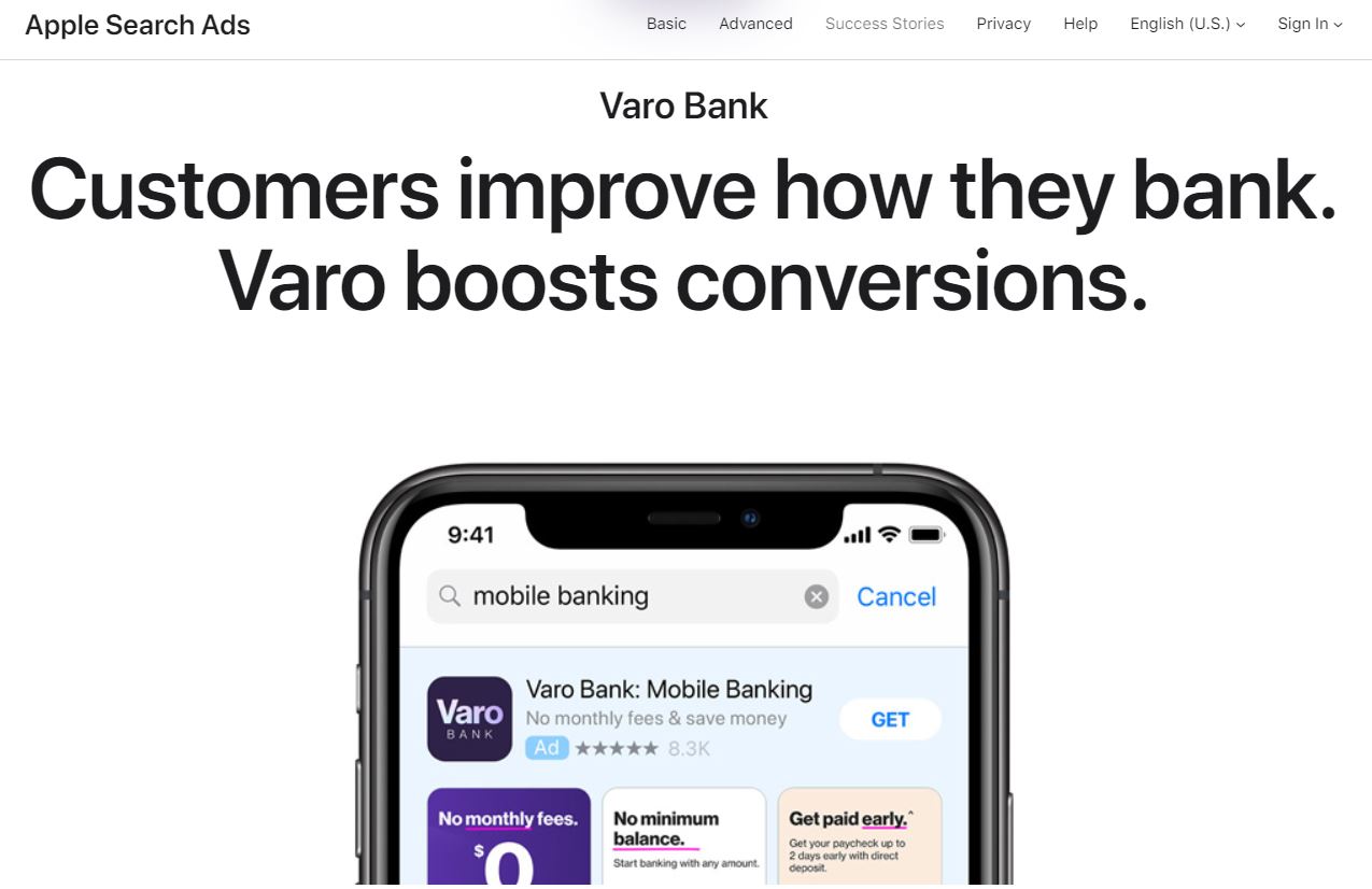 Apple Search Ads by Varo Bank and a smartphone showing iOs download page.