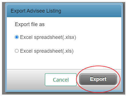 excel spreadsheet (.xlsx) option selected
