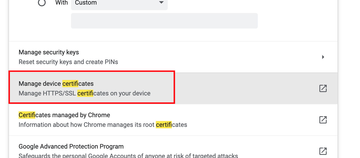 Chrome security settings with the entry highlighted for "Manage device certificates."