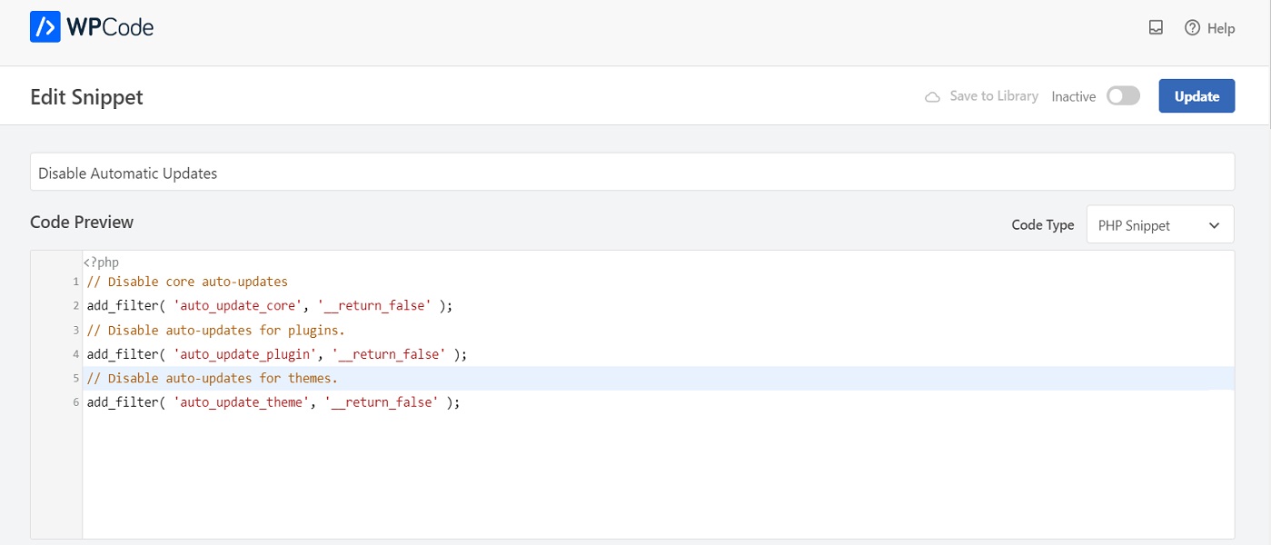 Code snippets to disable auto updates in WordPress.