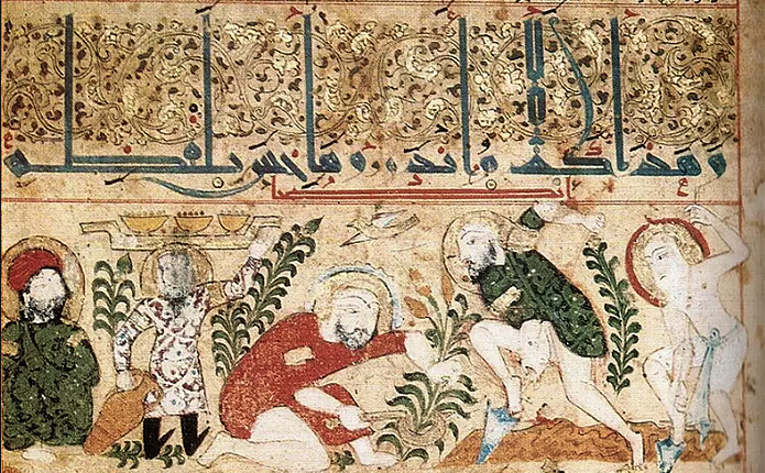 This is a depiction of an irrigation system being set up and used in the Islamic world.