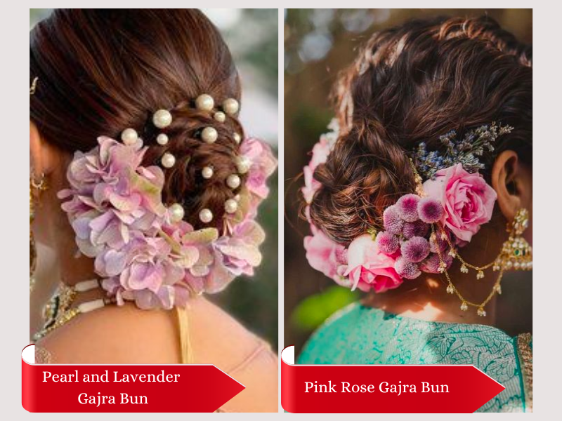 Pearl and Lavender Gajra Bun and Pink Rose Gajra Bun Bridal Hairstyle