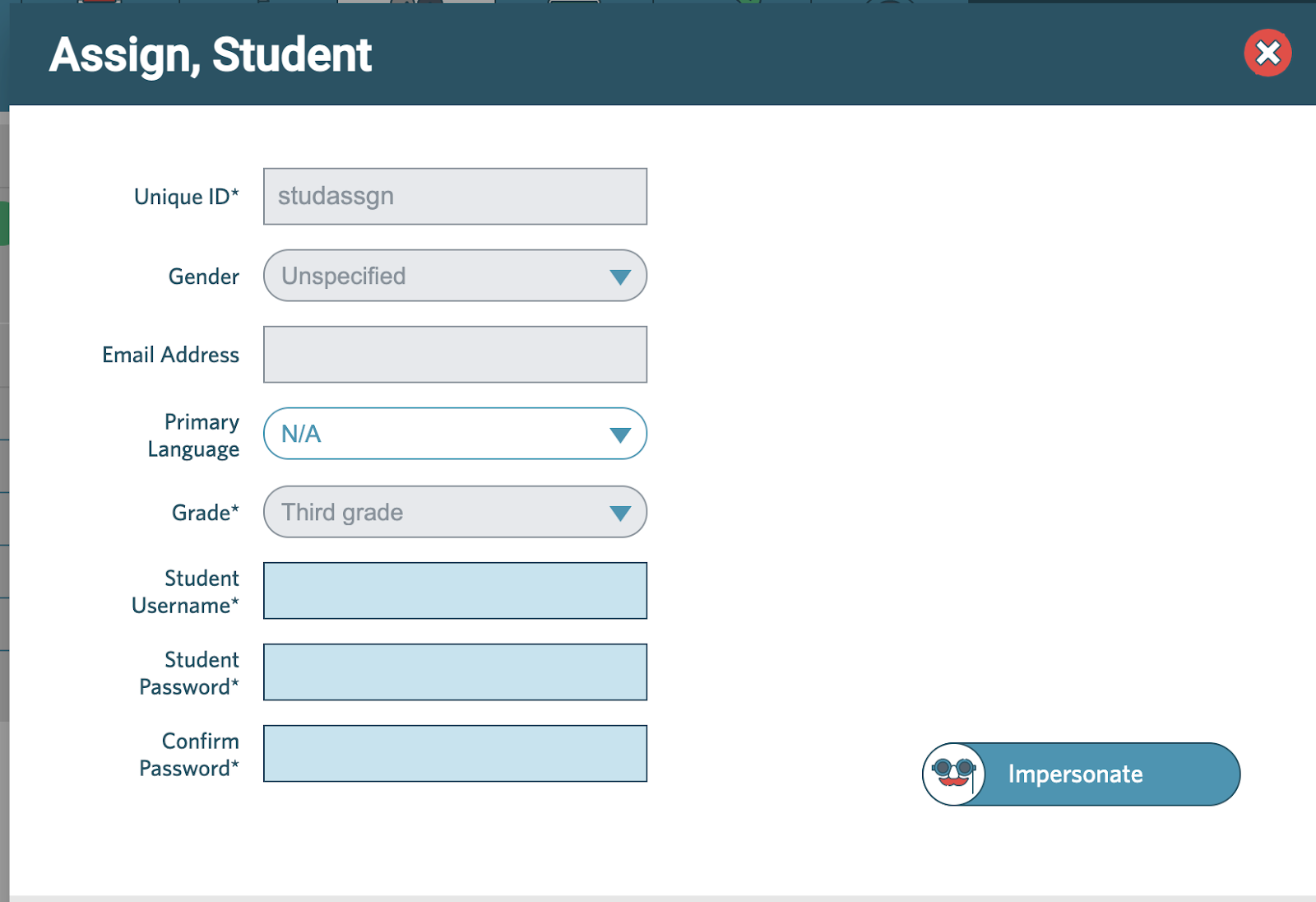 screenshot of the Impersonate button found on the Staff and Students tab