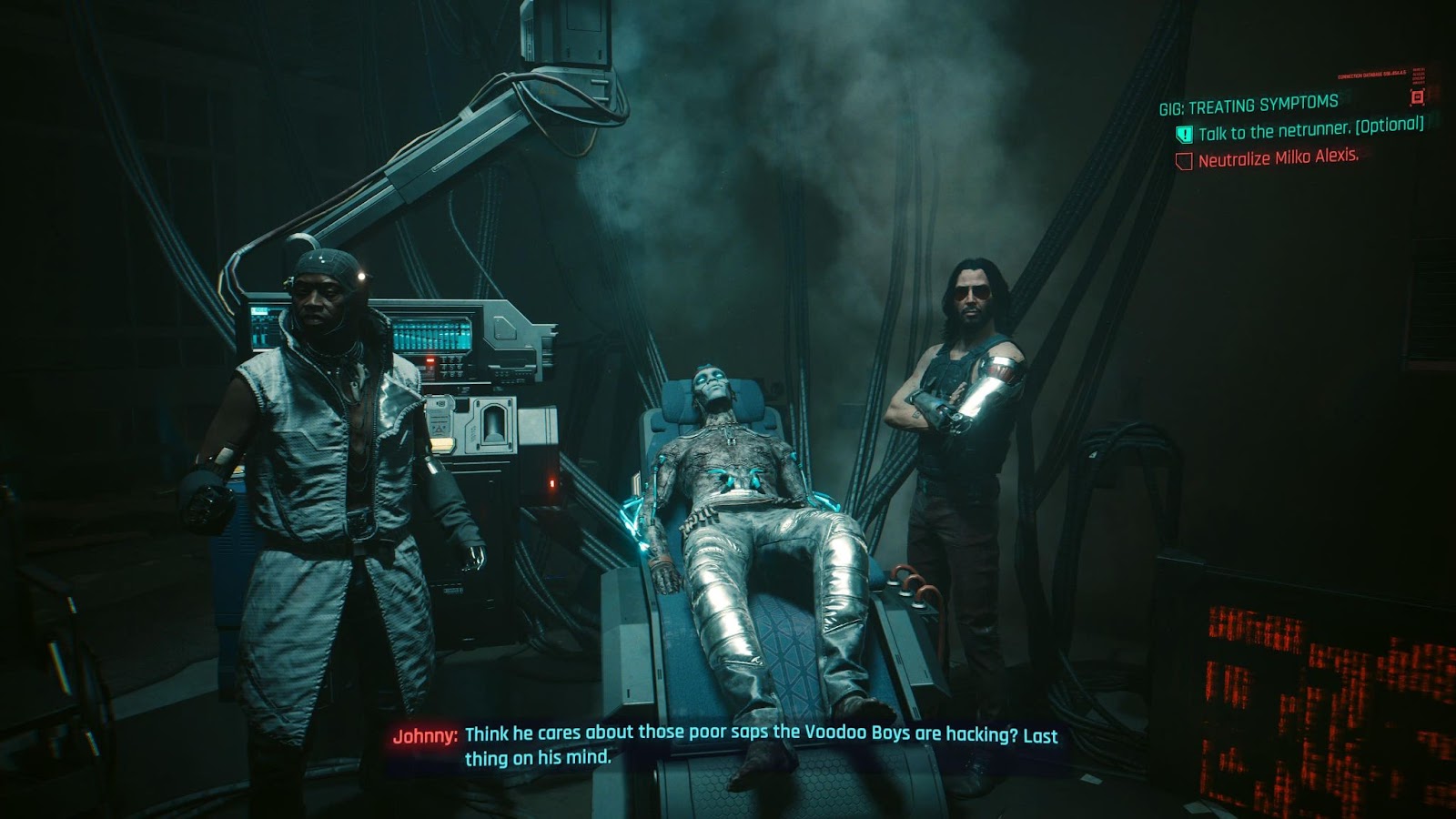 An in game screenshot of Alan and Milko inside the Voodoo Boys base from the game Cyberpunk 2077. 