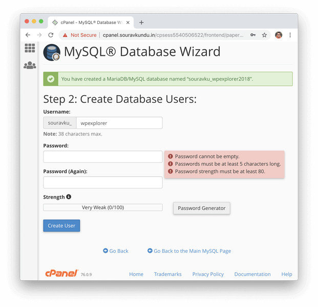 tạo cơ sở dữ liệu mysql mới trong mật khẩu và người dùng cpanel 2 db