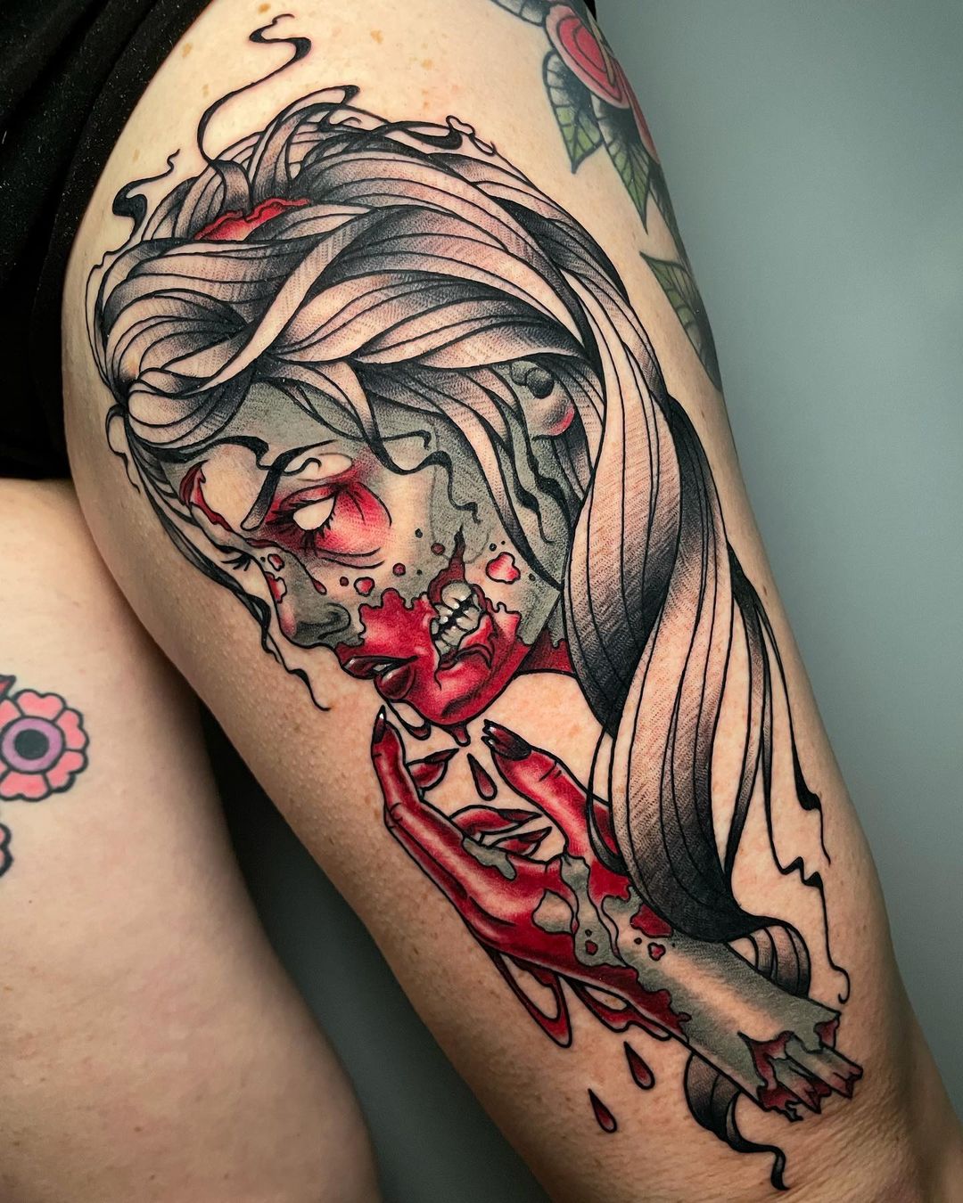 Zombie Face Tattoo On Leg
