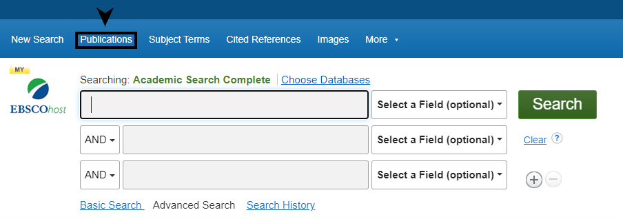 Screenshot of an EBSCOhost database with an arrow pointing to the "publications" tab