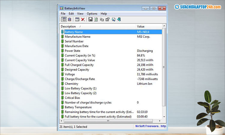Giao diện Cửa sổ hiển thị thông tin pin trên phần mềm BatteryInfoView