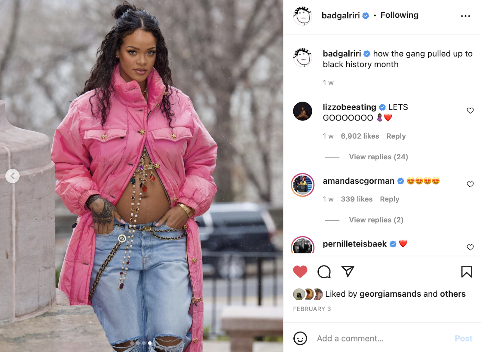 Rihanna pregnancy announcement outfit, pink parka, jeans and jewels