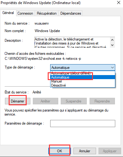 Service Windows Update démarré automatique