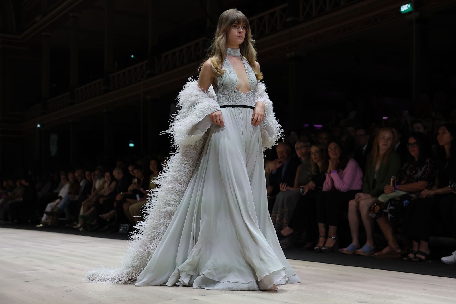 Paolo Sebastian's high neck gown with a fringe coat.