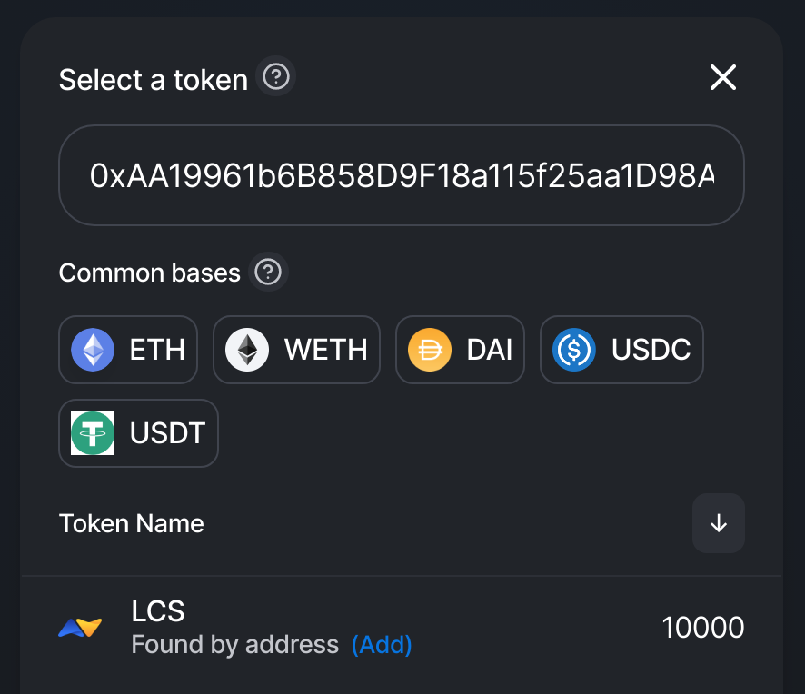 selecting a token on Uniswap
